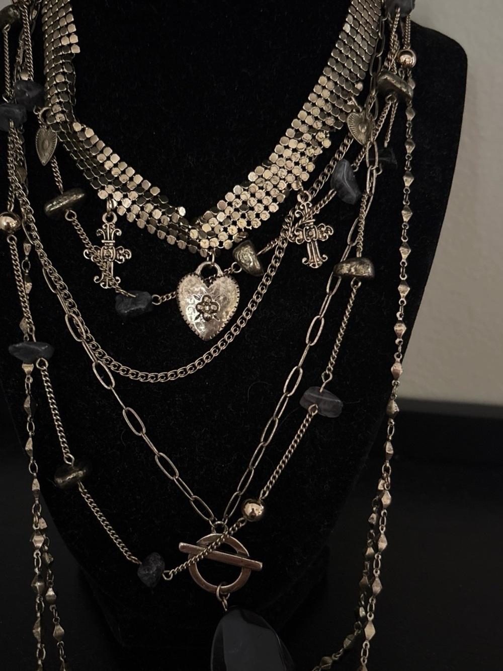 Free people gold multi-layered necklace with heart and cross charms and gems NWT - Picture 2 of 3